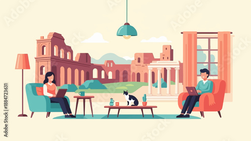 Interior scene with people, cat, and ancient ruins outside