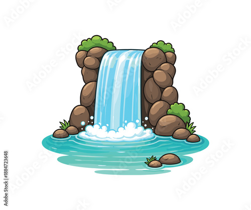 Flat vector illustration of single waterfall dropping into calm pool isolated on pure white slightly style high quality no texture no grain