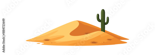 Flat vector illustration of single desert dune landscape with one cactus silhouette isolated on pure white slightly style high quality no texture no grain