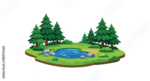 Flat vector illustration of single pine forest clearing with small pond isolated on pure white slightly style high quality no texture no grain