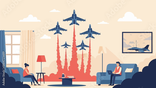 Interior view of living room with people watching fighter jets fly