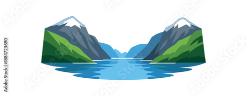 Flat vector illustration of single fjord landscape with steep mountains and still water isolated on pure white slightly style high quality no texture no grain