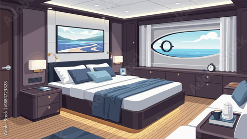 Luxury bedroom on a yacht, featuring a plush bed, sea view window and ocean artwork