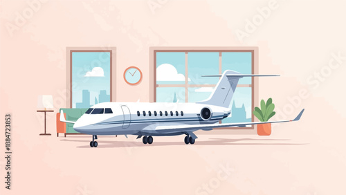 Luxury private jet parked indoors, near a couch and window