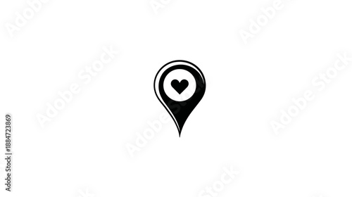 A heart-shaped graphic within a location pin, minimalist design with a clean, white background