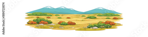 Flat vector illustration of single tundra plain with low shrubs and distant hills isolated on pure white slightly style high quality no texture no grain