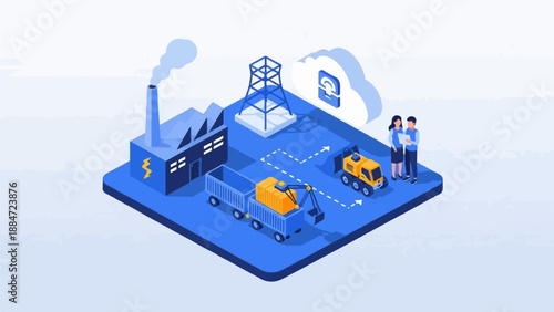 Isometric factory, trucks, and people interacting with technology