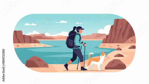 Hiker with dog traverses rocky lakeside with canyon backdrop
