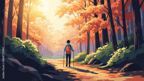 Hiker with backpack walks on a sunny forest path in autumn