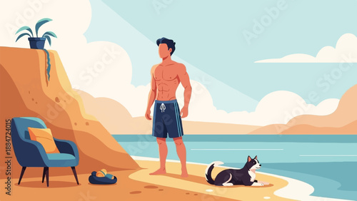 Man and dog relaxing on a beach with a chair and potted plant