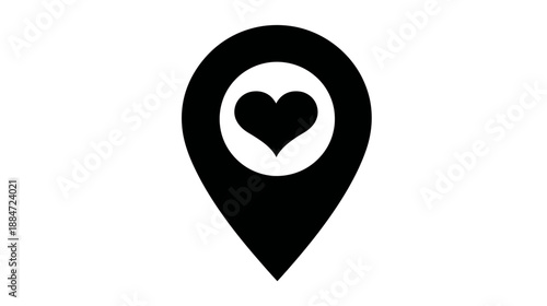 A black location pin, enclosing a white circle with a black heart inside it, on a white background