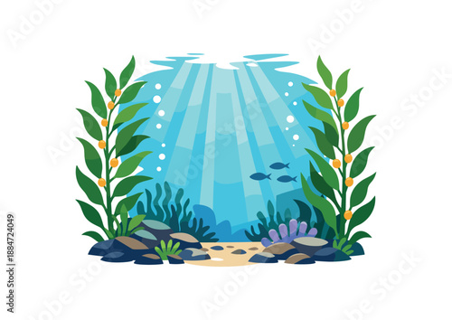 Flat vector illustration of single kelp forest underwater with light rays isolated on pure white slightly style high quality no texture no grain
