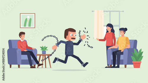 Man breaks chains escaping anxious watchers in a living room