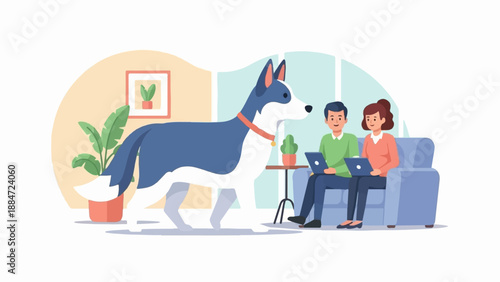 Man and woman with laptops and dog in a cozy living room