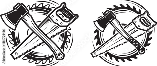 Crossed axe and saw with saw blade background, lumberjack tools, vector illustration