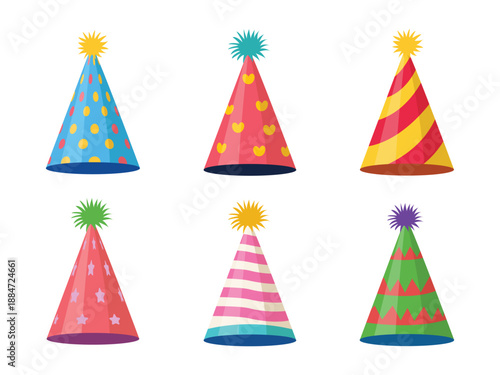 Vector collection of decorative party hats with geometric prints. Set of holiday headwear for birthday, New Year and carnival party.