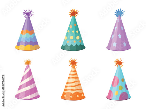 Vector set of vibrant party hats featuring cute decorations. Group of holiday accessories for birthday, New Year and carnival costume