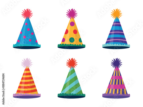 Party hat colorful vector group with pompom details. Fun holiday accessories suitable for Happy New Year, birthday and carnival anniversary