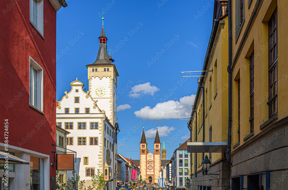 Naklejka premium Wurzburg old town altstadt with Grafeneckart house town hall Rathaus, Saint Kilian Cathedral, old colorful buildings on Domstrasse street in Wurzburg city center, Lower Franconia region, Germany