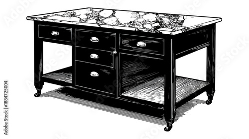 A black and white illustration of a kitchen island with marble countertop and drawers