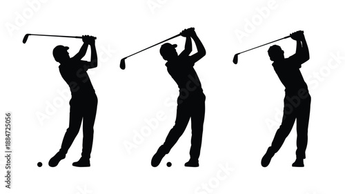 Boys playing golf silhouettes vector set isolated on white background, junior golf sport action figures