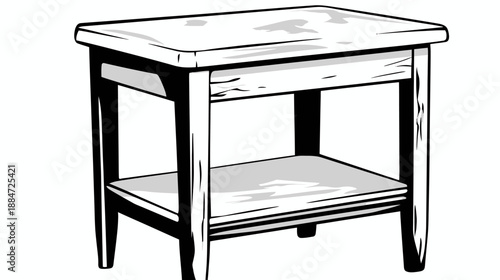A black and white illustration of a small wooden bedside table with shelf and legs
