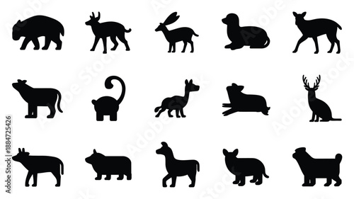 Black silhouettes of different animals vector set isolated on white background, wildlife and domestic fauna icons