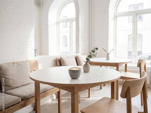 Wallpaper Mural Minimalist white cafe interior with wooden furniture and coffee cup, scandi style coffee shop, bright room, morning breakfast, empty restaurant, cozy design, modern architecture, window light, latte. Torontodigital.ca