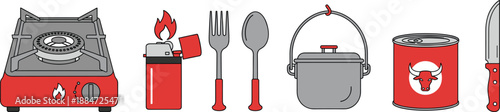 Set of outdoor camping equipment icons including portable gas stove lighter cutlery cooking pot and canned food isolated on white background flat vector