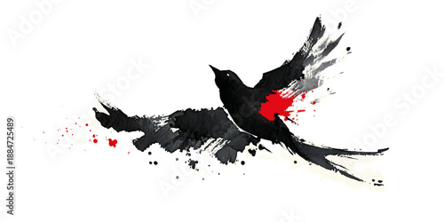 Abstract Raven in Flight with Ink Art.