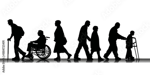 silhouettes of people walking dogs in various poses and attire on a bright background arranged in two horizontal rows
