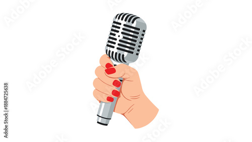 A female hand with neatly painted red nails firmly grasps a classic vintage-style microphone, ready for a performance or public speaking event.