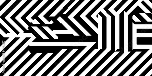 Abstract black and white geometric patterns create a visual illusion.