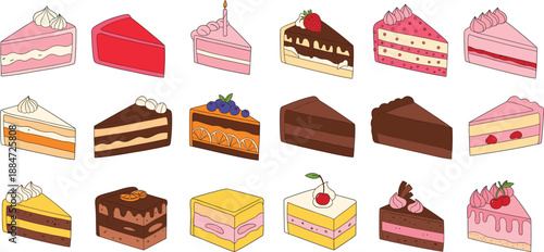 Large collection of eighteen different gourmet cake slices with various frostings fruit toppings and layers isolated on white background flat vector illustration set