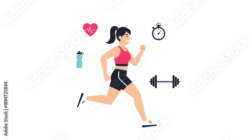 A determined woman is energetically running, surrounded by various health and fitness icons such as a heart rate, water bottle, and dumbbell, on a white background.