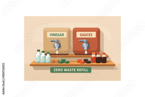 Flat vector illustration of zero waste vinegar and sauce refill taps with small bottles and caps on neat shelf style clean 2D shapes no outlines minimal details matte colors layered depth