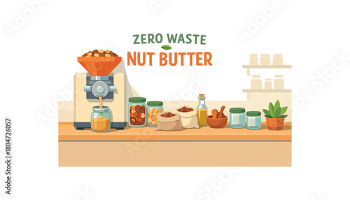 Flat vector illustration of zero waste nut butter grinder station with jar beneath the spout and clean style clean 2D shapes no outlines minimal details matte colors layered depth gentle