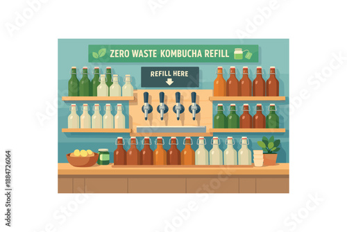 Flat vector illustration of zero waste kombucha refill tap with swing top bottles arranged layers style clean 2D shapes no outlines minimal details matte colors layered depth gentle