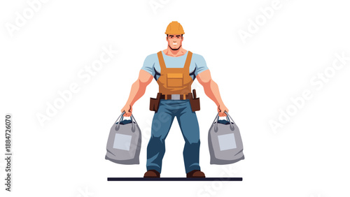 A powerful and muscular construction worker, wearing a yellow hard hat and sturdy overalls, carries two sacks of building materials, representing strength and hard work.