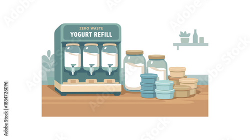 Flat vector illustration of zero waste yogurt refill cooler with large jars and reusable tubs stacked nearby style clean 2D shapes no outlines minimal details matte colors layered depth