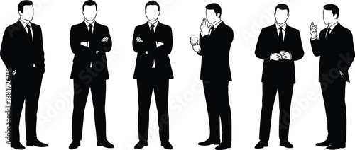Group of Businessmen in Formal Suit Silhouettes, Standing Poses, Communication, Office Concept Illustration, Professional Teamwork, Leadership and Corporate Interaction on White Background