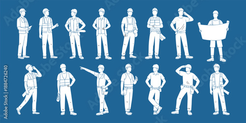 Group of diverse construction workers wearing safety helmets, reflective vests, and holding blueprints, standing confidently on site.