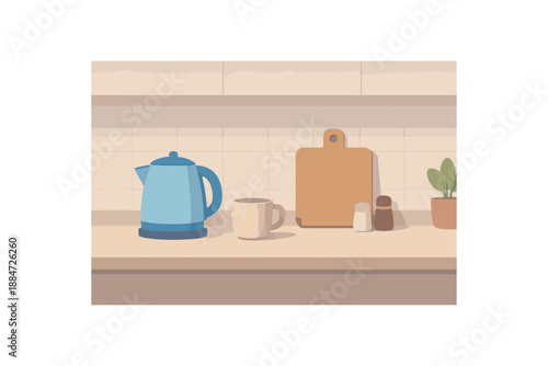 Flat vector illustration of minimalist kitchen with kettle mug and cutting board style clean 2D shapes no outlines minimal details matte colors layered depth gentle atmospheric haze