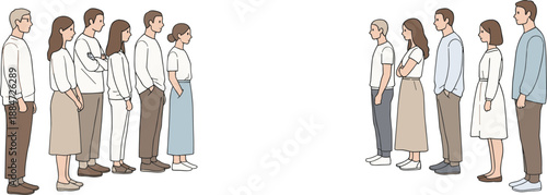 Group of diverse people standing opposite each other, demonstrating teamwork and collaboration in modern office space