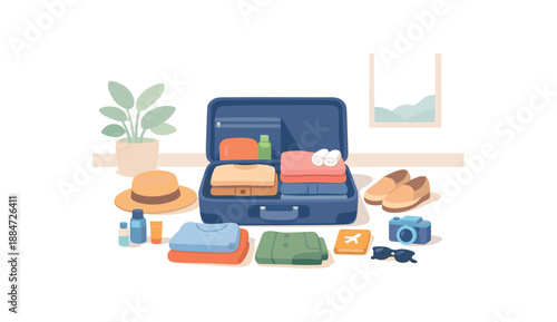 Flat vector illustration of minimal travel packing with an open suitcase and neatly folded clothes style clean 2D shapes no outlines minimal details matte colors layered depth gentle