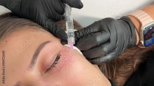 Cosmetologist performs biorevitalization injections under a woman's eye during anti-aging mesotherapy procedure in beauty clinic, close-up view.