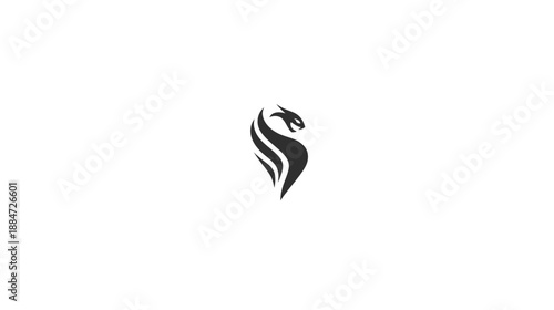 Black dragon-like emblem on white background, stylized with curves and sharp angles