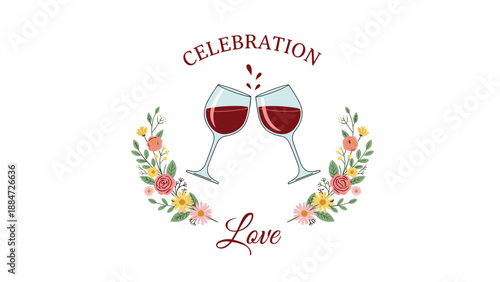 Two wine glasses clinking in a cheerful toast with "Celebration" and "Love" text, beautifully enclosed within a vibrant floral wreath, ideal for special events.