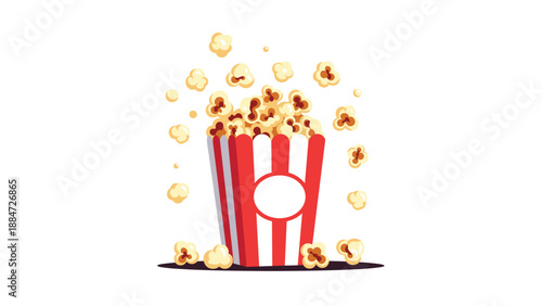 A classic red and white striped popcorn box is overflowing with freshly popped, fluffy kernels, some dramatically bursting out, isolated on a white background.