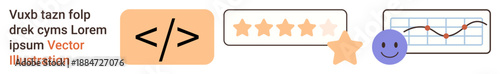 Website design, data analysis, user experience, feedback management, coding, digital interfaces. Code symbol, chart emoticon and rating stars together. Coding and user experience concept